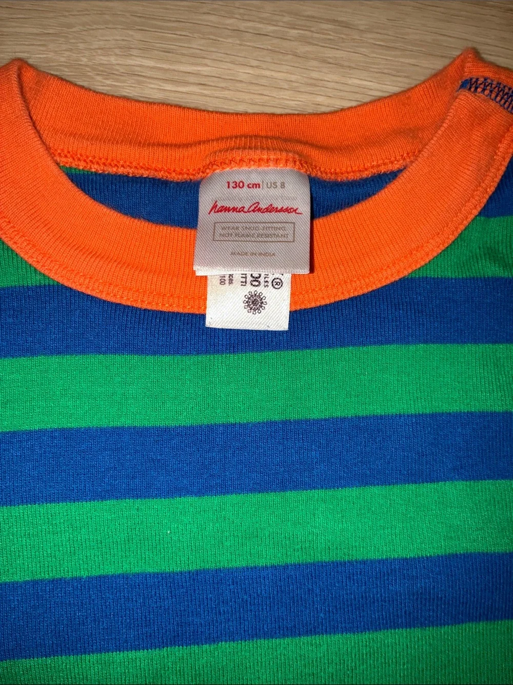 Hanna Andersson Striped Green & Blue Pajama Set with Orange Neck Trim